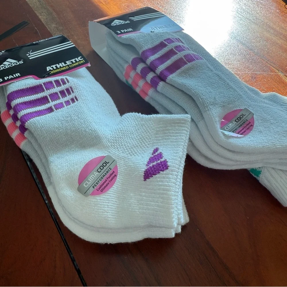 🦊 2 Packs Adidas ClimaCool White and Purple Athletic Kids Socks